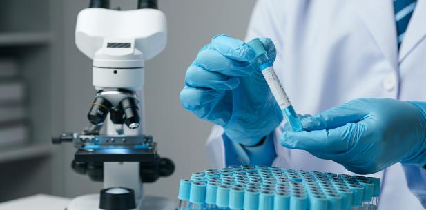 Onderzoeker in lab met reageerbuis en microscoop