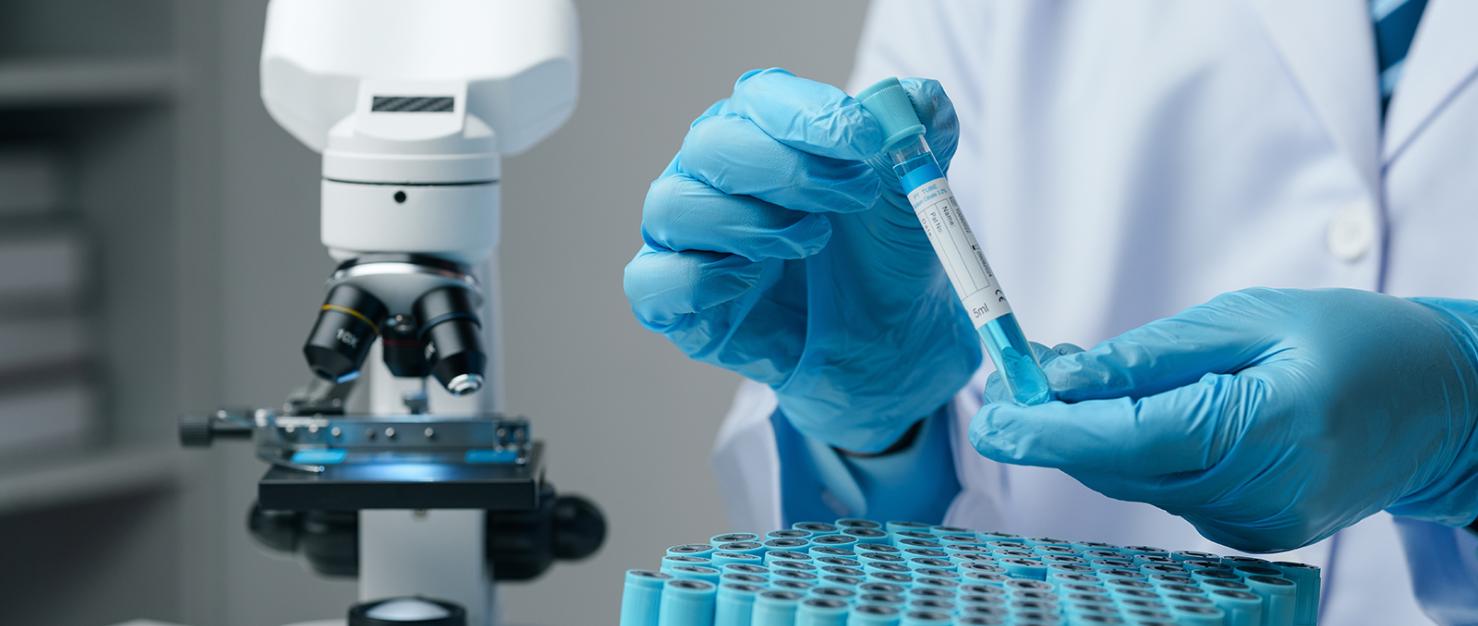 Onderzoeker in lab met reageerbuis en microscoop