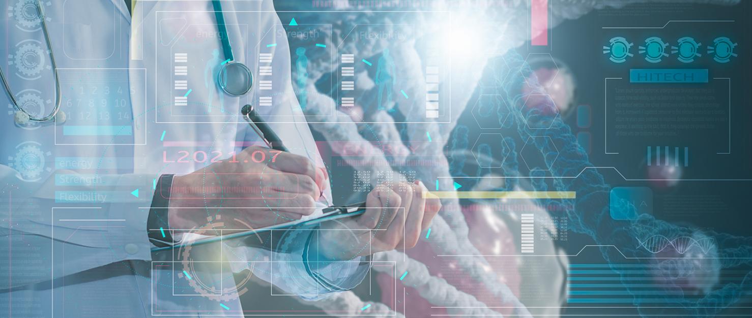 Arts noteert data in een futuristische onderzoekssetting met DNA-visualisatie
